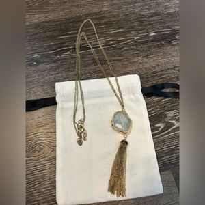 Charming Charlie long statement blue agate and gold tassel double layer necklace